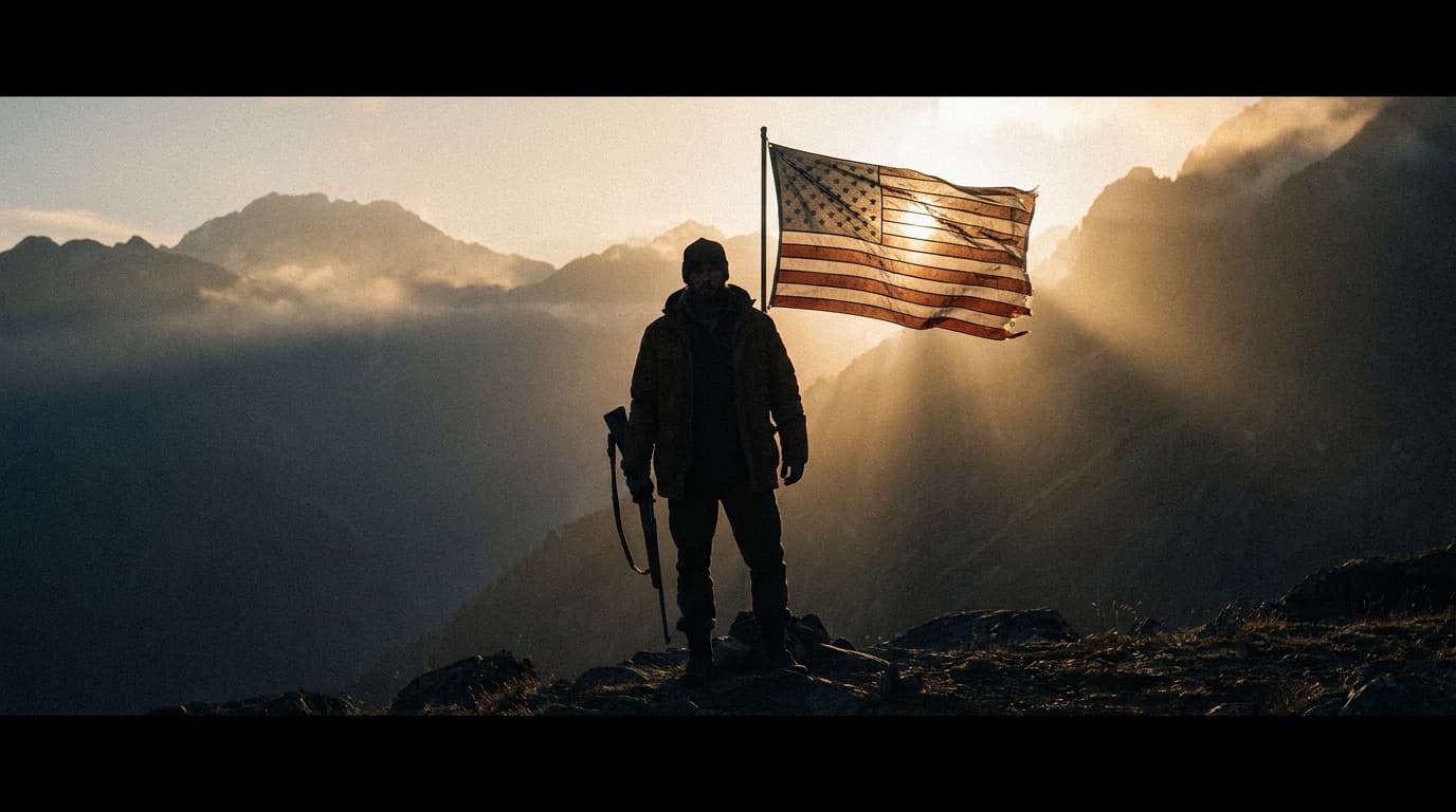 American flag at dawn over a ridgeline