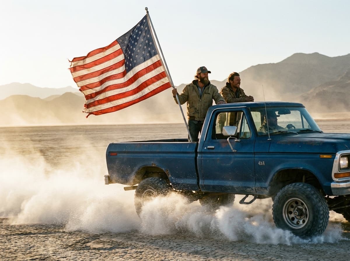 The OSS America crew — flag flying across the flats