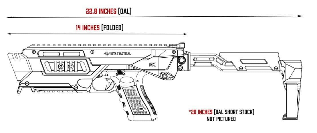 Meta Tactical MX-1 dimensions: 22.8 inches overall, 14 inches folded