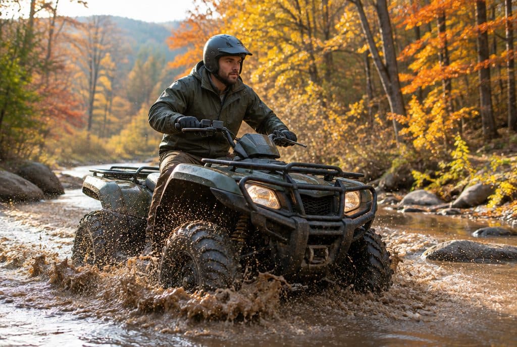 Rider splashing through a creek on an ATV in fall woods