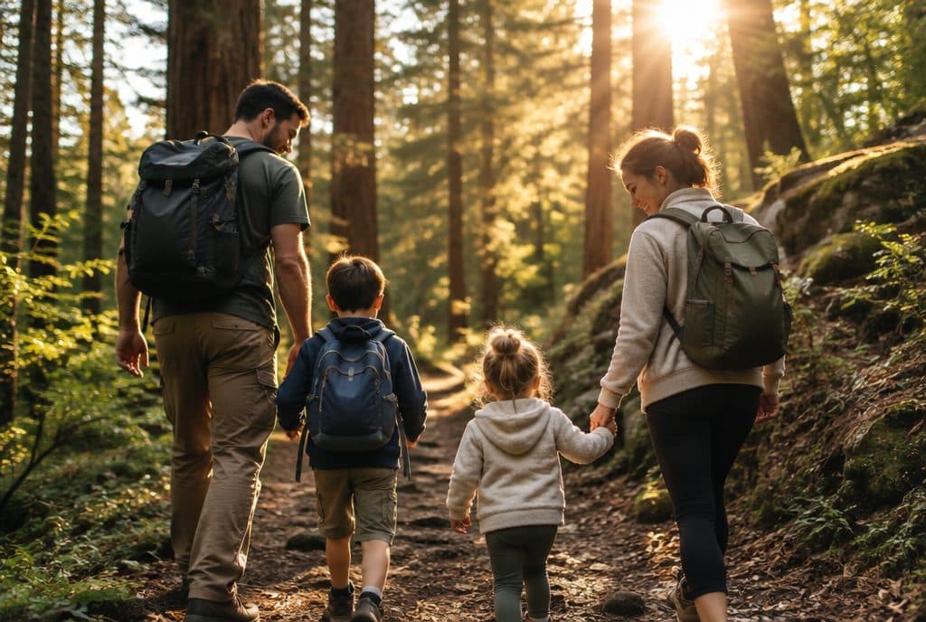 Family hiking a forest trail together