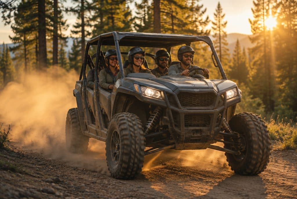 Friends riding a side-by-side UTV on a forest trail
