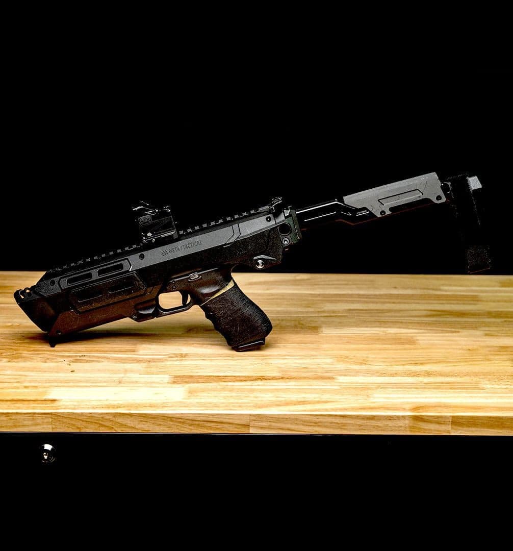 Meta Tactical MX-1 with a Glock locked in, on a workbench
