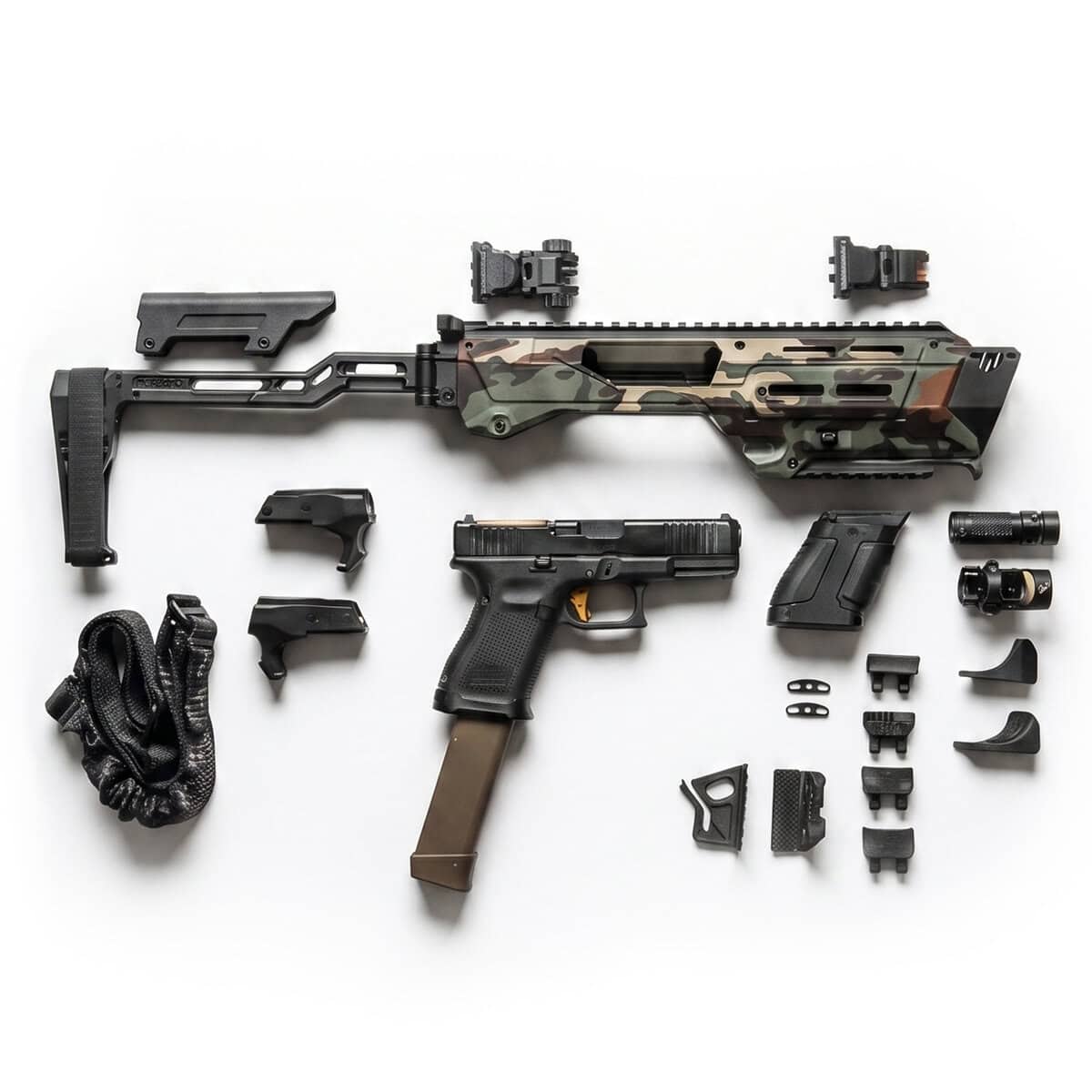 Meta Tactical MX-1 laid out with every Ultimate Upgrade Kit part: pop-up sights, sling, flashlight, spare-magazine grip, thumb rests and cheek rest (camo chassis shown; pistol and magazine not included)
