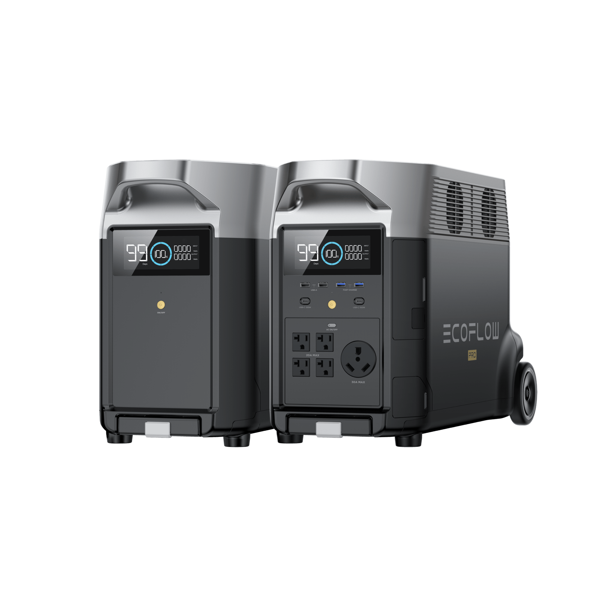 EcoFlow DELTA Pro units with built-in wheels and telescoping handle