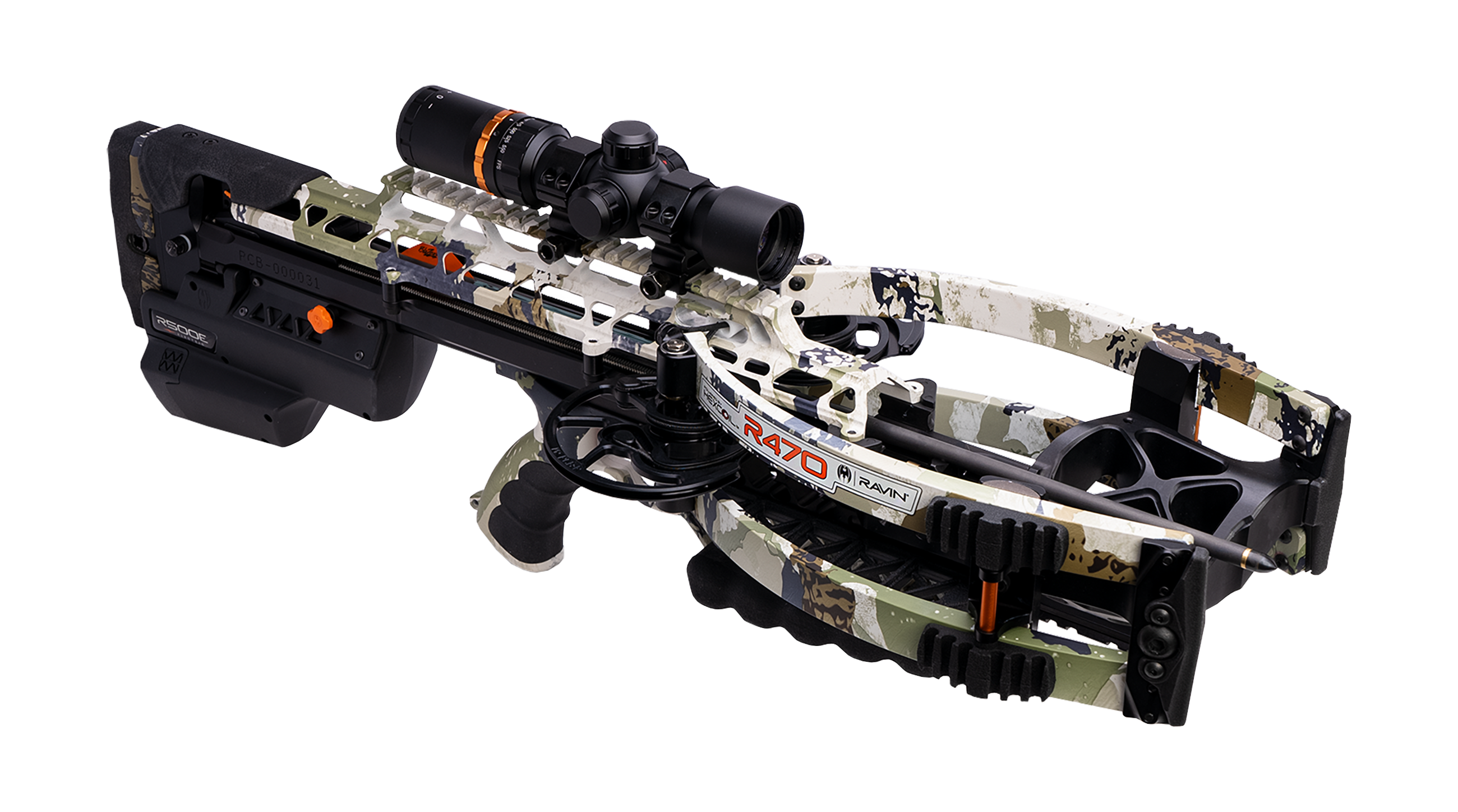 Ravin R470E XK7 crossbow in XK7 camo with illuminated scope
