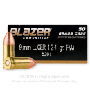 9mm - 124 Grain FMJ - Blazer Brass  - 1000 Rounds