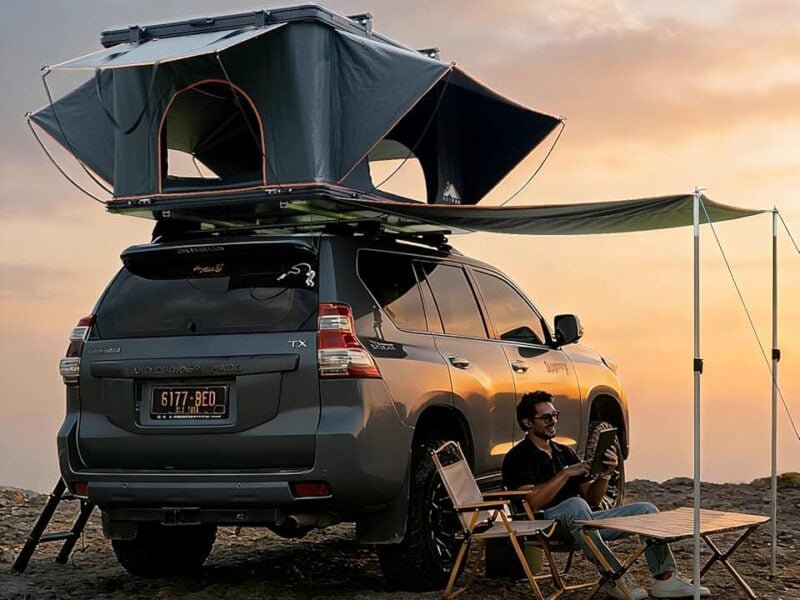 Pioneer Pro Rooftop Tent Hard Shell with USB Outlet, Summer Side Awning, Winter Thermal Liner&Luggage Racks for 4 Season Camping, Aluminum Pop Up 2-3 Person Roof Tent for Truck Jeep SUV Van Trailer
