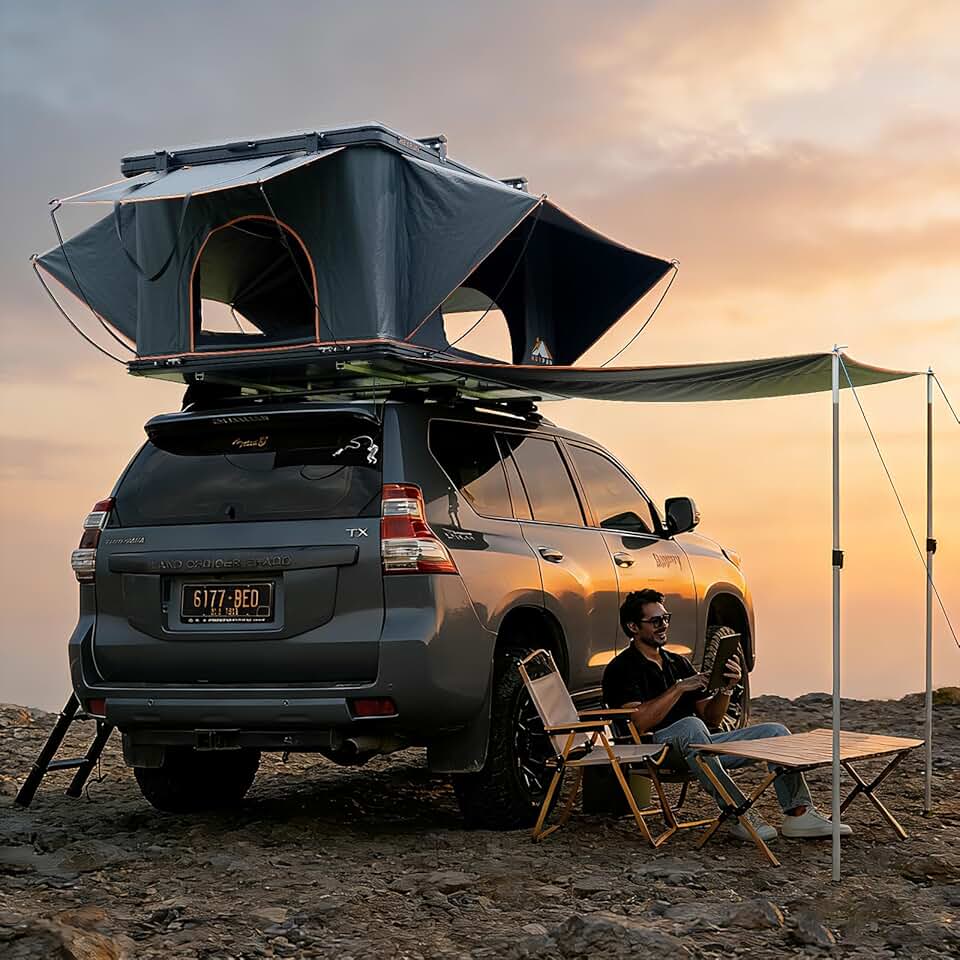 Pioneer Pro Rooftop Tent Hard Shell with USB Outlet, Summer Side Awning, Winter Thermal Liner&Luggage Racks for 4 Season Camping, Aluminum Pop Up 2-3 Person Roof Tent for Truck Jeep SUV Van Trailer