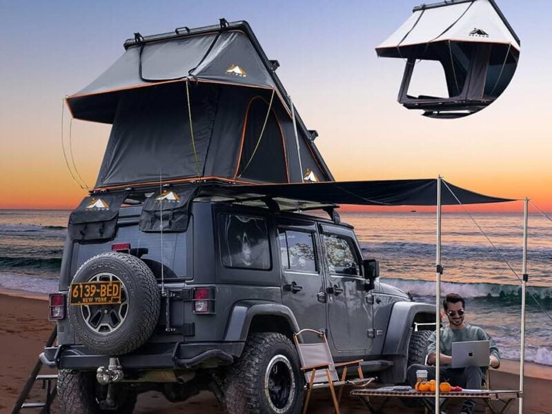 Adventurer Pro Rooftop Tent Hard Shell with USB Outlet, Side Awning, Replaceable Rain Fly&Luggage Racks for 4 Season Camping, Aluminum Pop Up 2-3 Person Roof Top Tent for Truck Jeep SUV Van Trailer