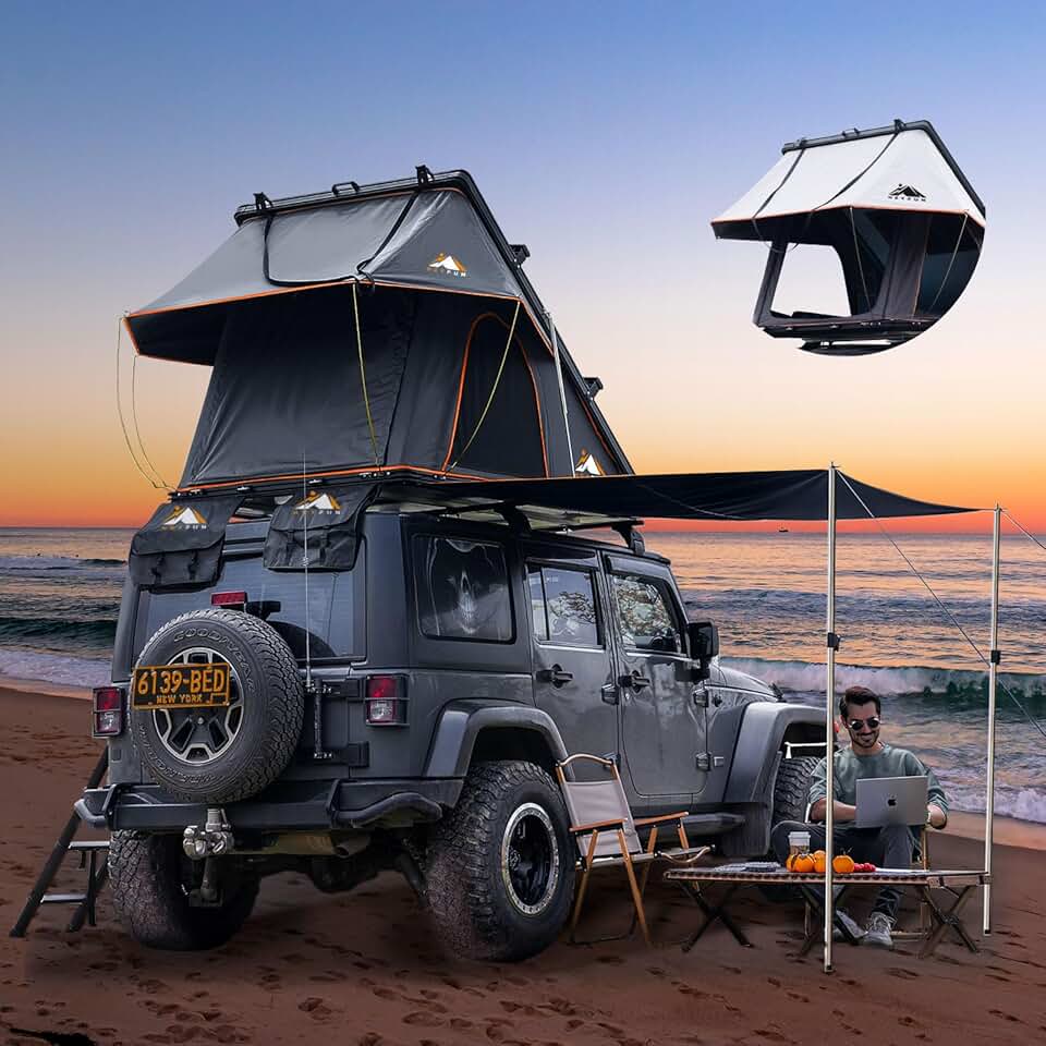 Adventurer Pro Rooftop Tent Hard Shell with USB Outlet, Side Awning, Replaceable Rain Fly&Luggage Racks for 4 Season Camping, Aluminum Pop Up 2-3 Person Roof Top Tent for Truck Jeep SUV Van Trailer
