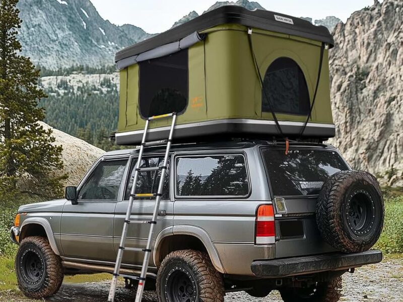 Sanhima Rooftop Tent Hard Shell - Jervis Loft Overland Aluminium ABS Roof Top Tent w/ 4 Sides Windows & AC Duct Hole for Car SUV Truck Camping, for 2-3 People