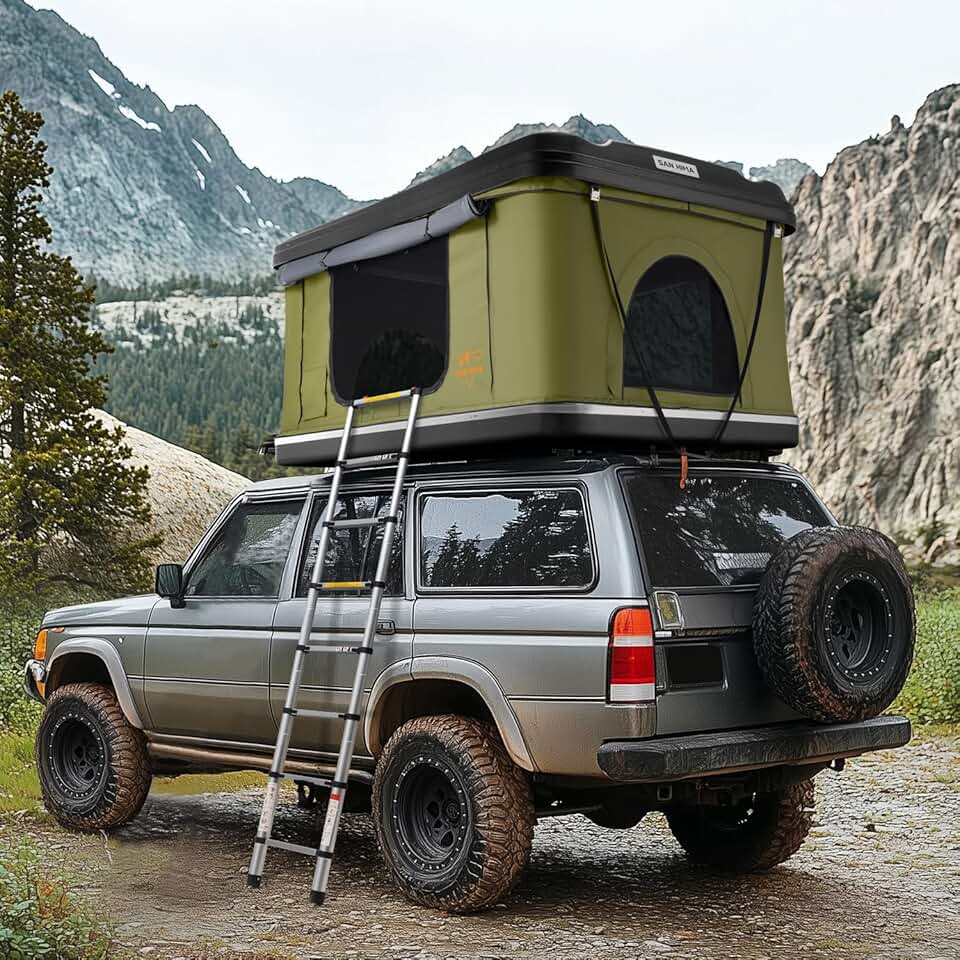 Sanhima Rooftop Tent Hard Shell - Jervis Loft Overland Aluminium ABS Roof Top Tent w/ 4 Sides Windows & AC Duct Hole for Car SUV Truck Camping, for 2-3 People