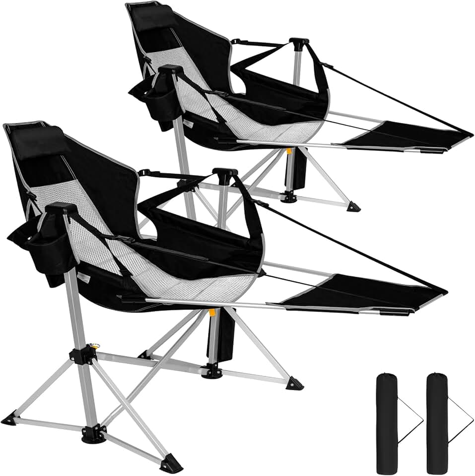 Romswi 2-Pack Aluminum Hammock Chair with Footrest, Oversized Portable Folding Swinging Chair with Adjustable Back & Seat, Lightweight Rocking Camp Chair Supports 440lbs for Outdoor, Patio - Black