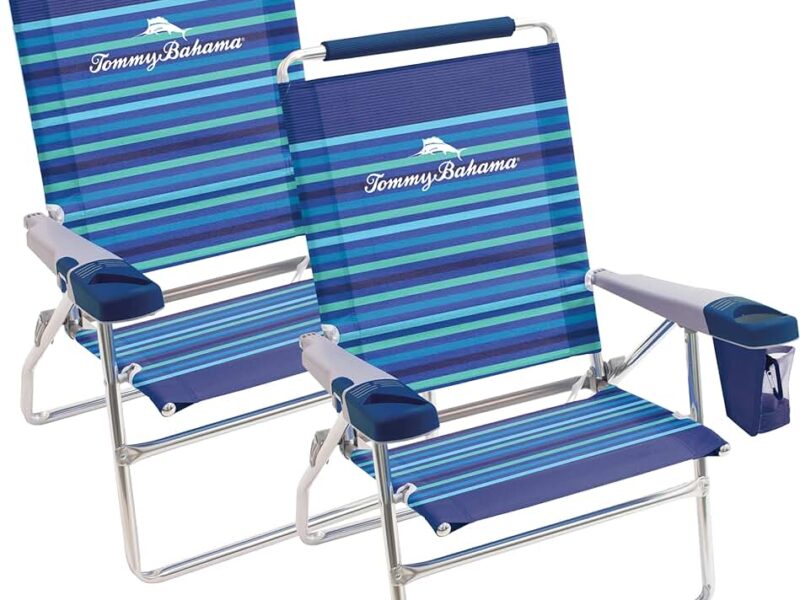Tommy Bahama Set of 2 Highboy 4 Position Beach Chairs 15 Inch Seat Height with Cupholder, Side Storage Pouch and Mobile Phone Holder
