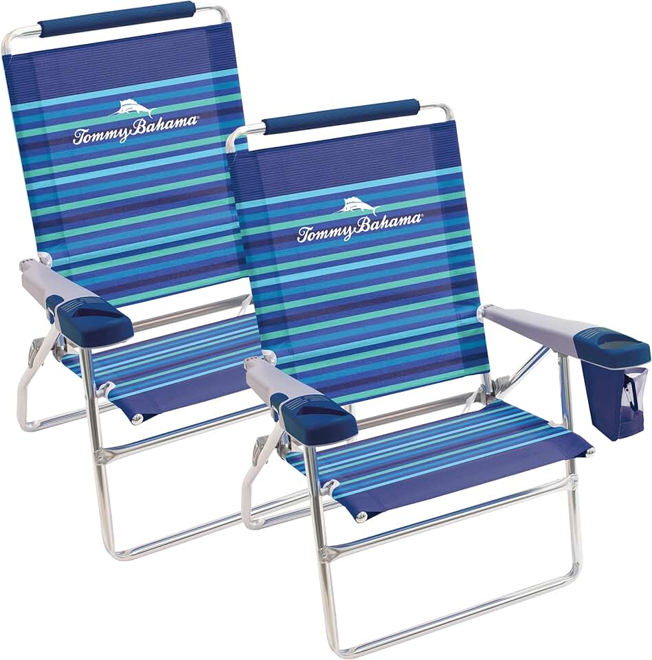 Tommy Bahama Set of 2 Highboy 4 Position Beach Chairs 15 Inch Seat Height with Cupholder, Side Storage Pouch and Mobile Phone Holder