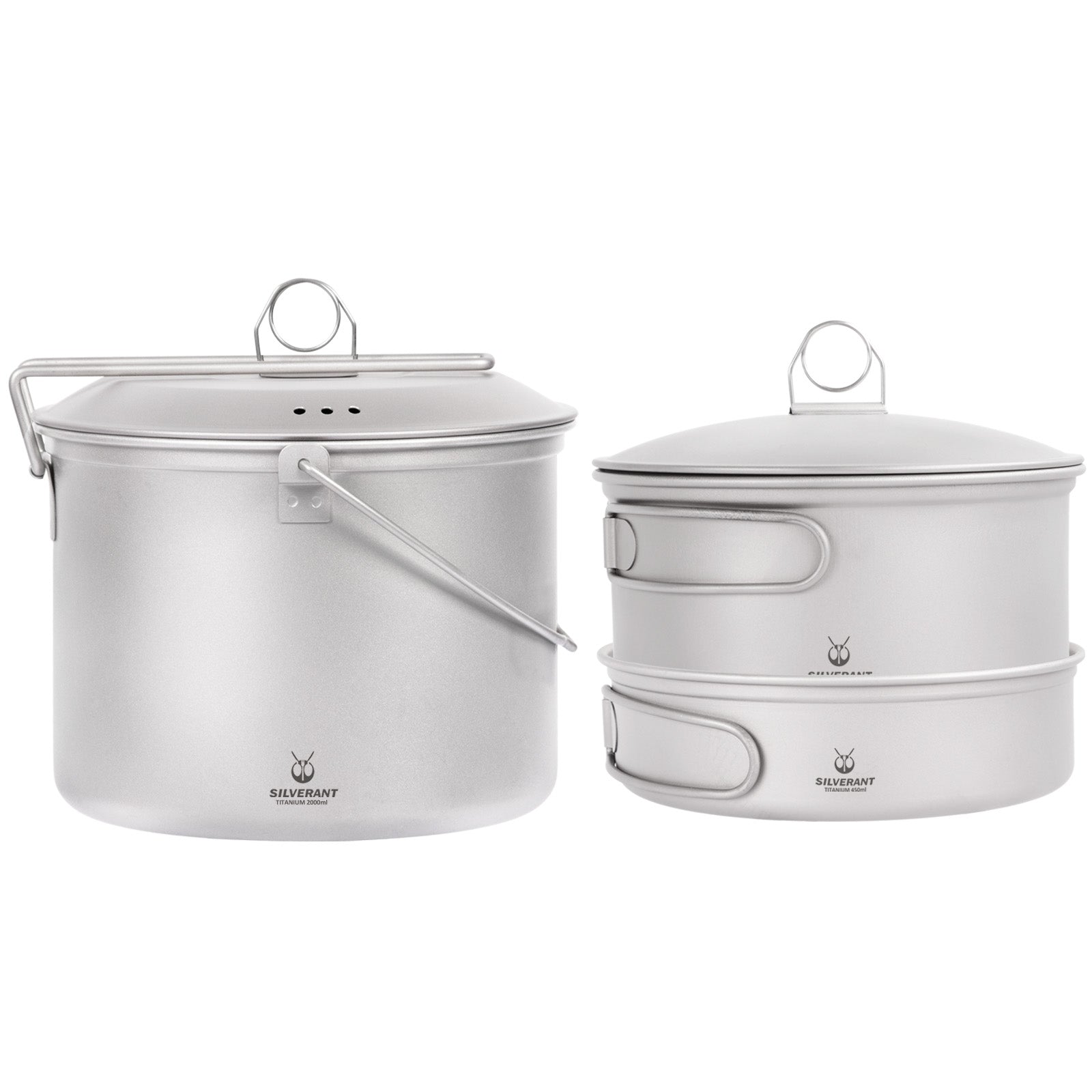 Large Titanium Camping Pot with Lid & Bail Handle 2L/67.63 fl oz - Ultralight 3-Piece Titanium Cookware Set